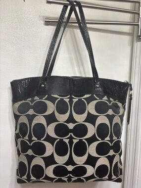 Coach Black and Beige Signature Logo Canvas Tote with Leather Trim